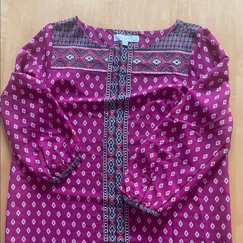 LOFT Magenta Printed Peasant Dress with Embroidered Yoke